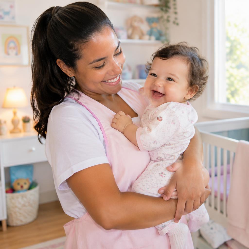 Babá da Acuidar segurando um bebê sorridente