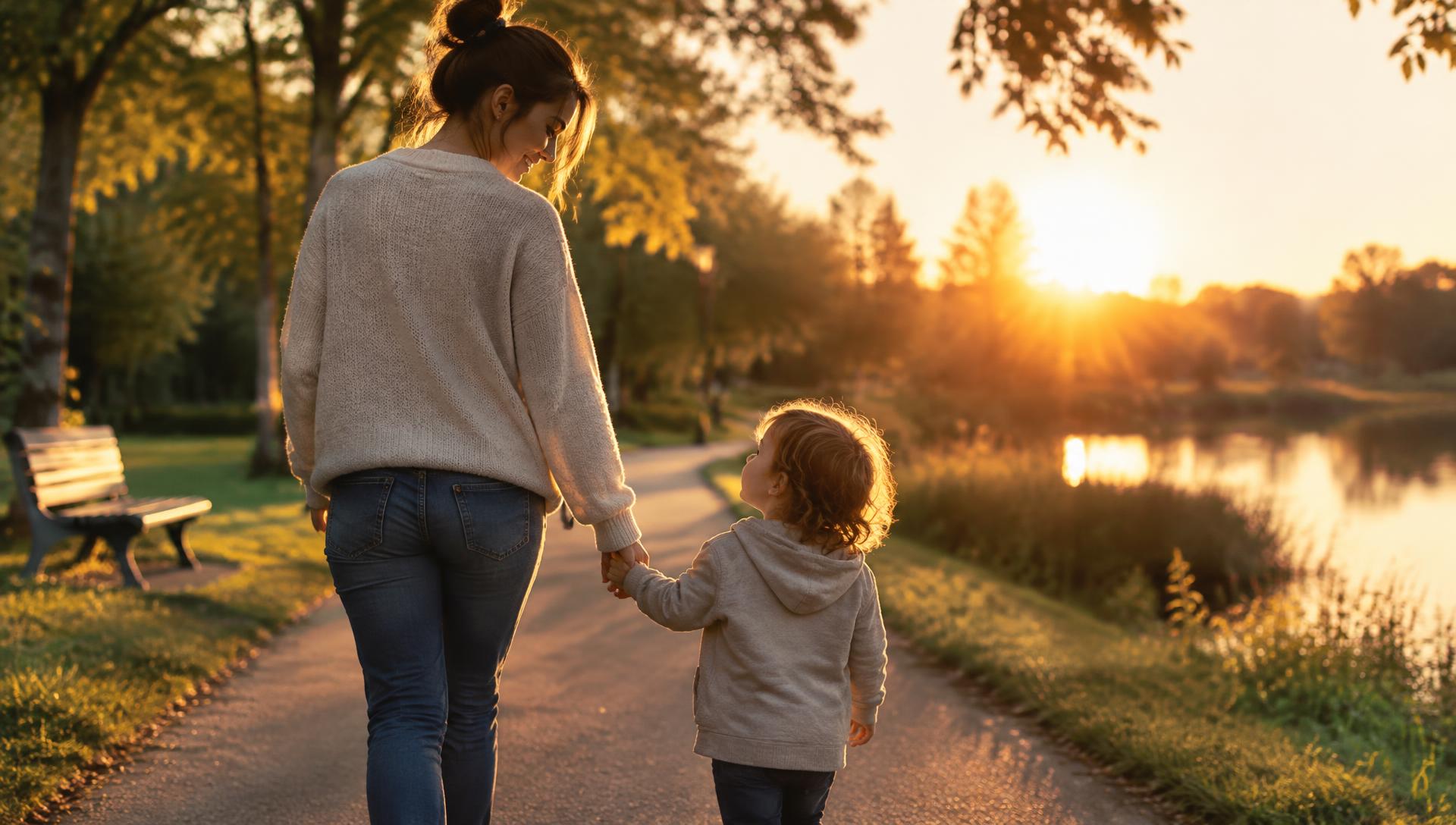 Babá caminhando de mãos dadas com uma criança em um parque ao entardecer