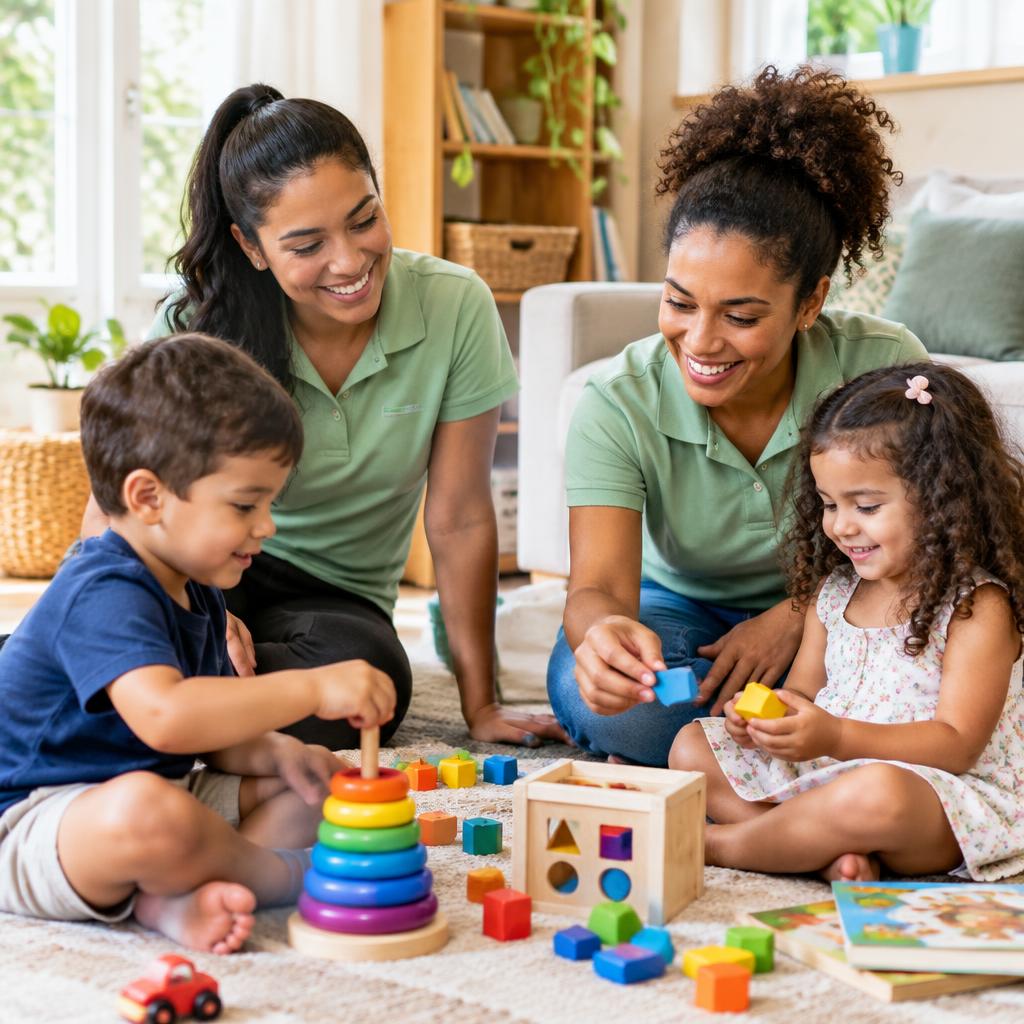 Babás da Acuidar brincando com crianças em uma sala clara