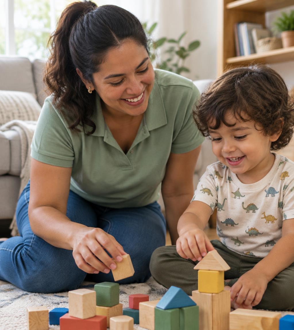 Babá da Acuidar brincando com uma criança pequena no chão da sala
