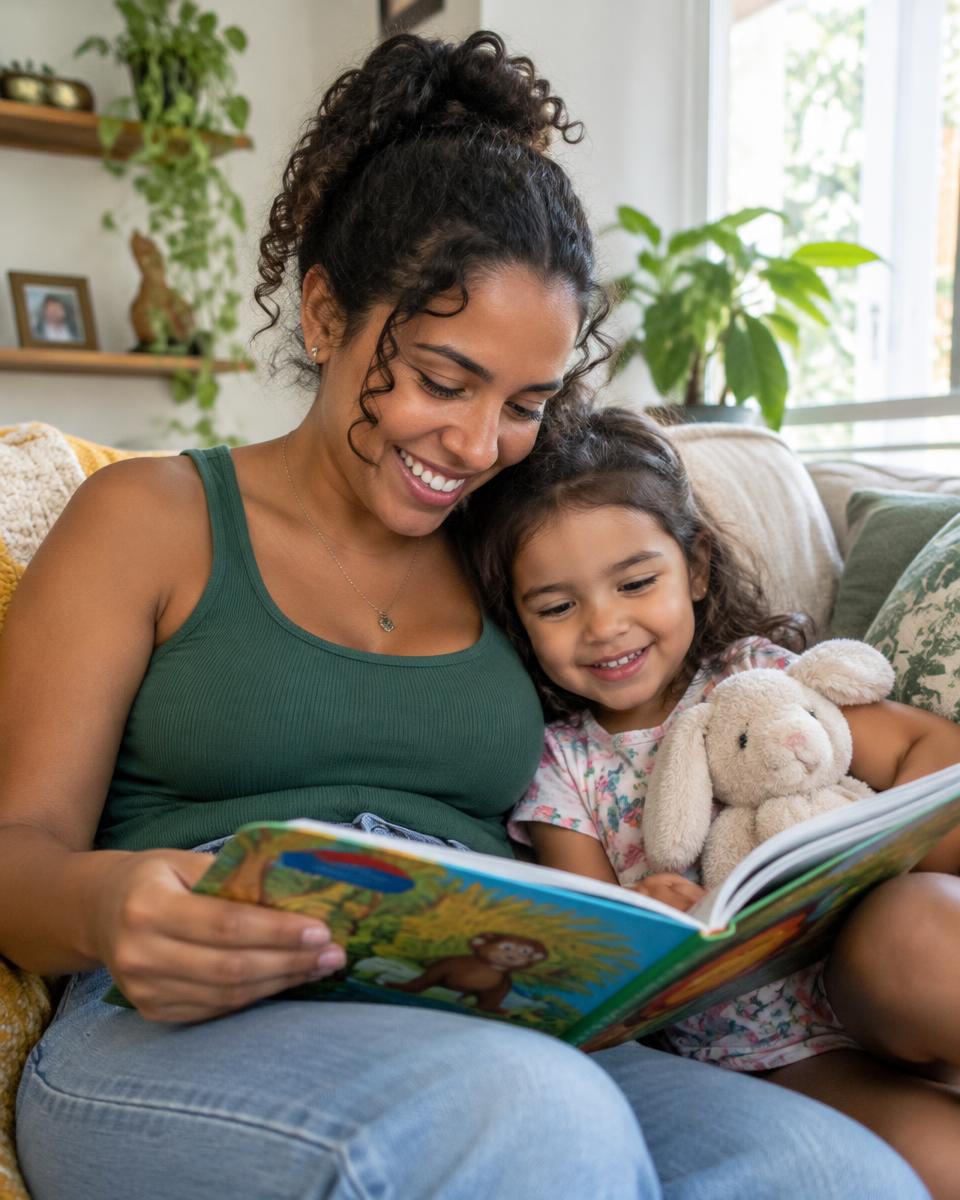 Babá da Acuidar lendo um livro com uma criança no sofá de casa